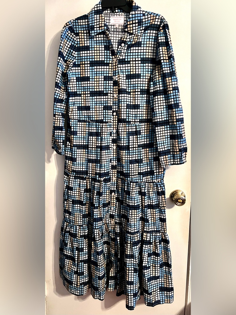 Hampton House Long Sleeve Button-Up Tiered Maxi Dress-Geometric Grid Dress-Large